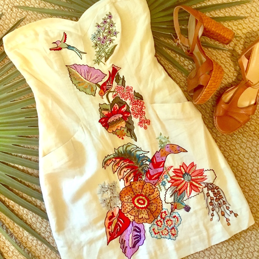 Embroidered tropical linen cocktail dress vacation